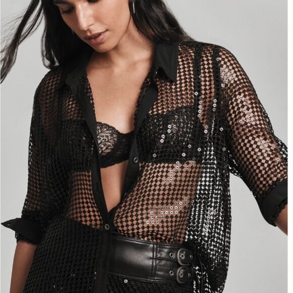 Anthropologie Pilcro Long-Sleeve Chainmail Buttondown Blouse size L black new - Picture 1 of 6
